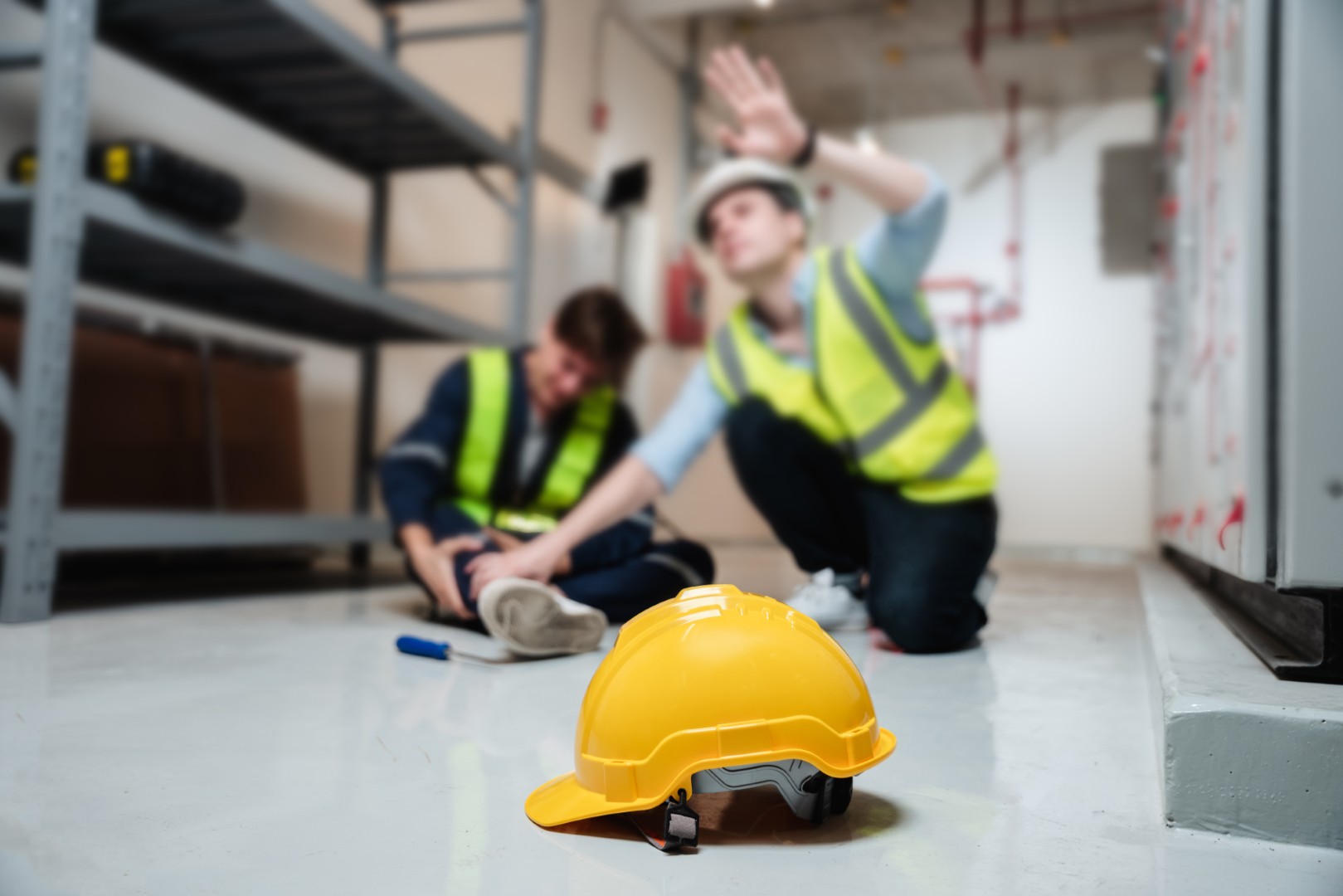 A coworker helping a man injured at work, with a hard hat in focus in the foreground